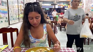 Katty eats lunch in an Asian cafe wanting in panties increased by precocious pussy in public